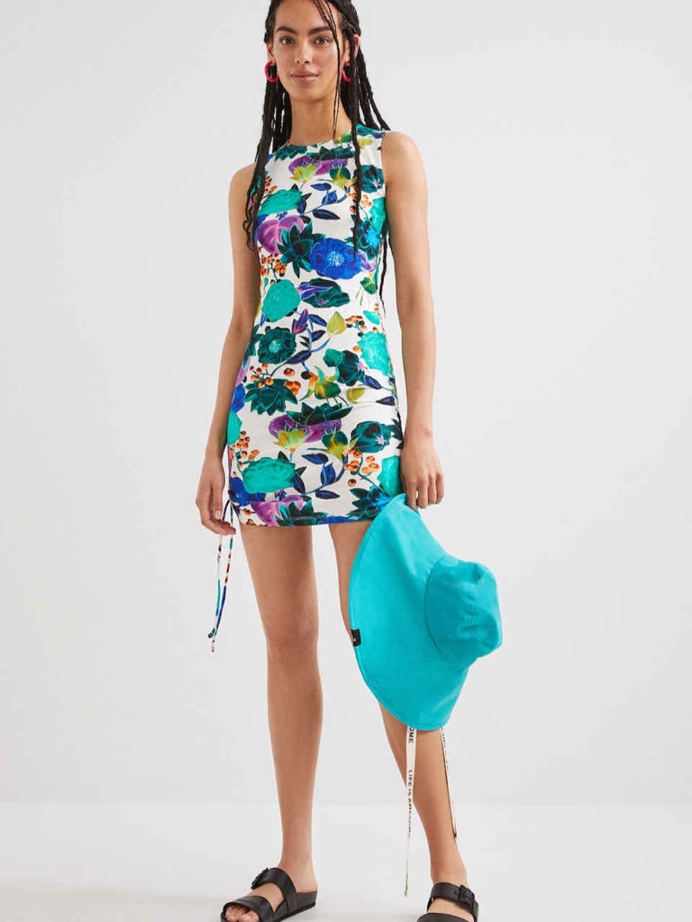Desigual Floral Ribbed Knit Sleeveless Mini Dress S Side Ruching Bodycon Stretch - Picture 15 of 15